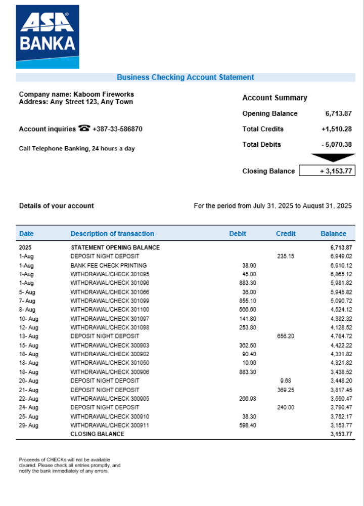 Modèle Word et PDF de relevé de compte courant de la société ASA Banka